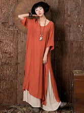 Ramie Cotton Double-deck 3/4 Sleeves Maxi Dress